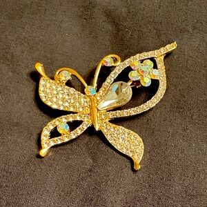 Gold Crystal Butterfly Brooch
